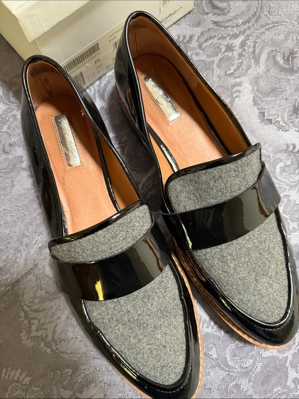 Halogen Black Patent and Gray Felt Penny Loafers